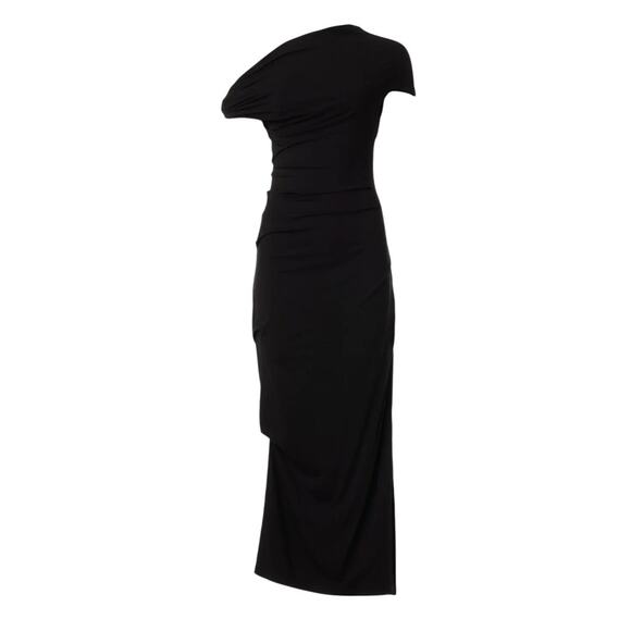 Paris Georgia Black Ruched Midi Dress MEDIUM Bodycon Off Shoulder Cocktail $250 - Picture 3 of 10